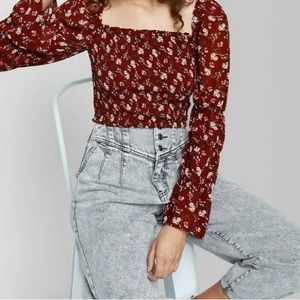 Women’s Floral Long Sleeve Blouse Top Burgundy